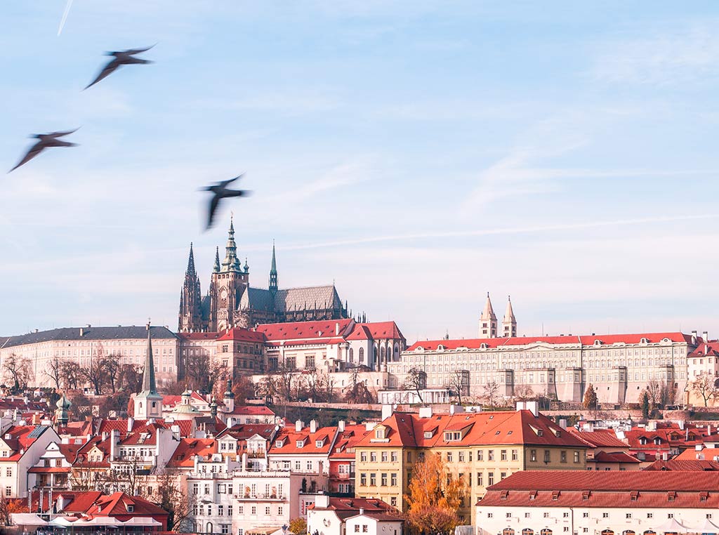 Emblemático lugar fotográfico del castillo de Praga desde el puente de Carlos con pájaros volando alrededor